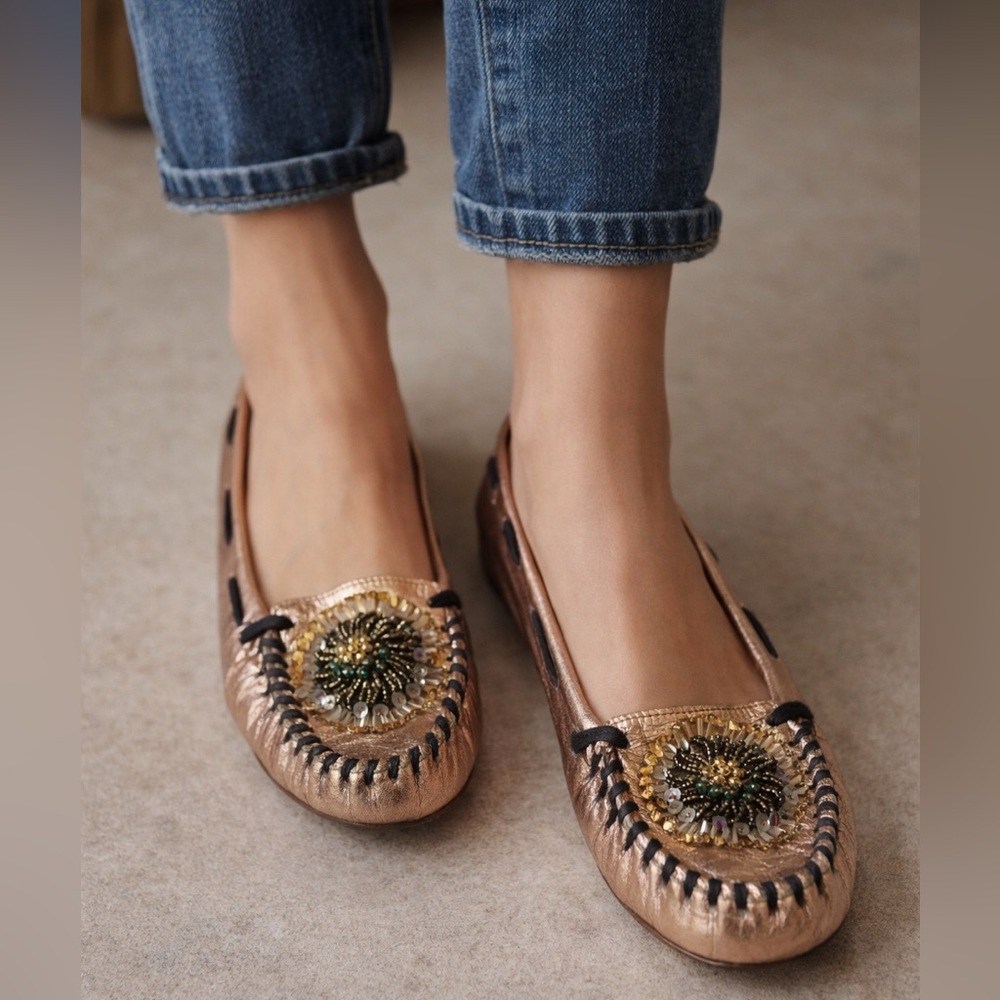 MIU MIU Capretto Lame Rose Gold Leather Moccasins Flats Size 37 $300 MSRP
